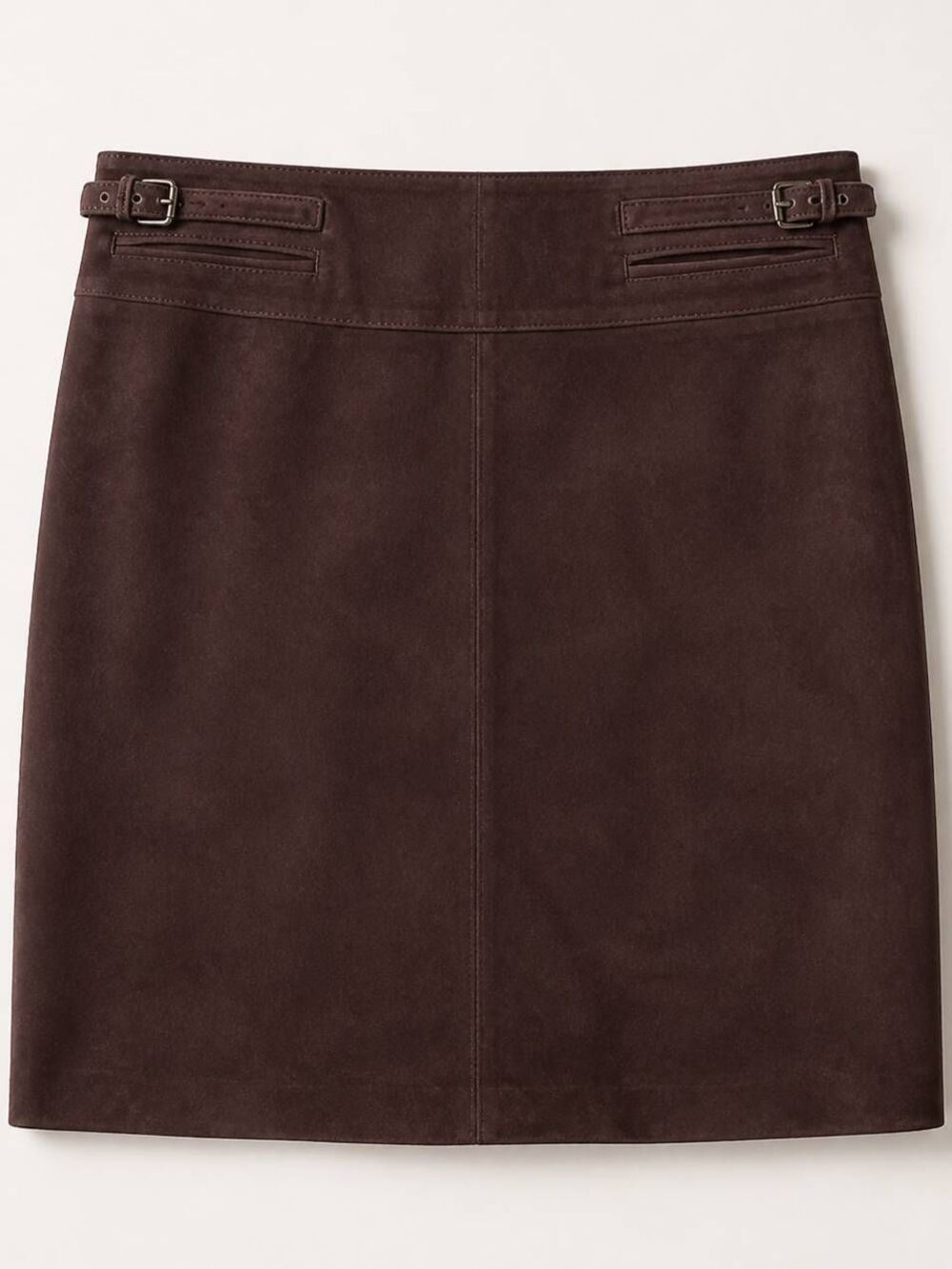 🔹️Vintage Buckle Accented Brown Suede Leather Skirt Size 8